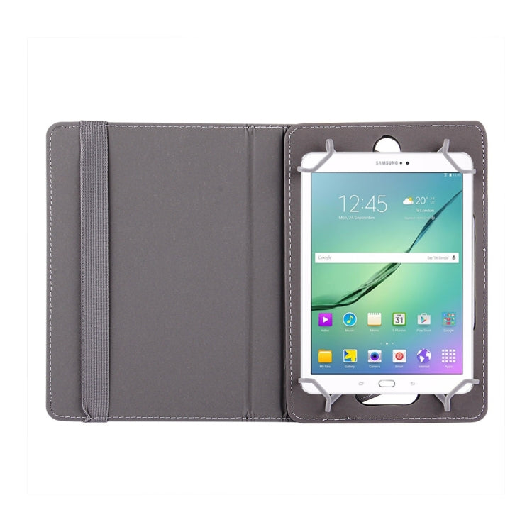 10-inch tablet leather folio case, gray open with front window frame and tablet holder