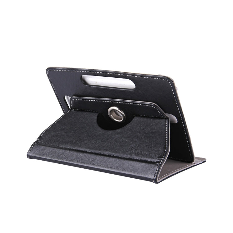 10-inch tablet leather folio case, black open with stand and strap ring closure