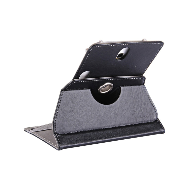 10-inch tablet leather folio case, black open view with stand and metal ring snaps