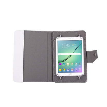 Dark gray leather-look tablet case open with tablet held by molded corners
