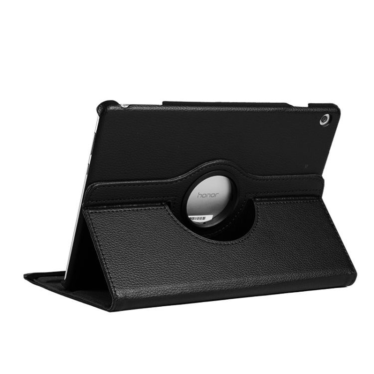Black leather-look flip case with circular holder and built-in viewing stand