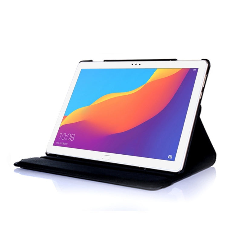 Black folio stand case holding a tablet with blue screen and colorful wallpaper