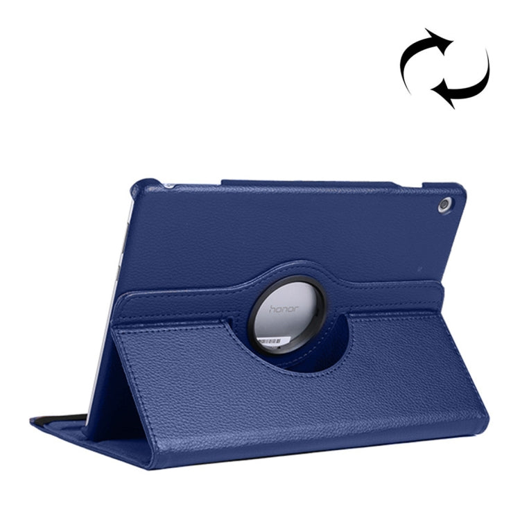 360-degree rotating leather tablet case with stand and circular holder, blue