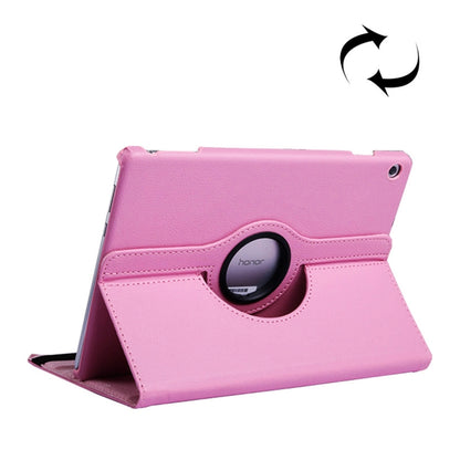 Pink leather-look flip tablet case with circular holder ring and fold stand