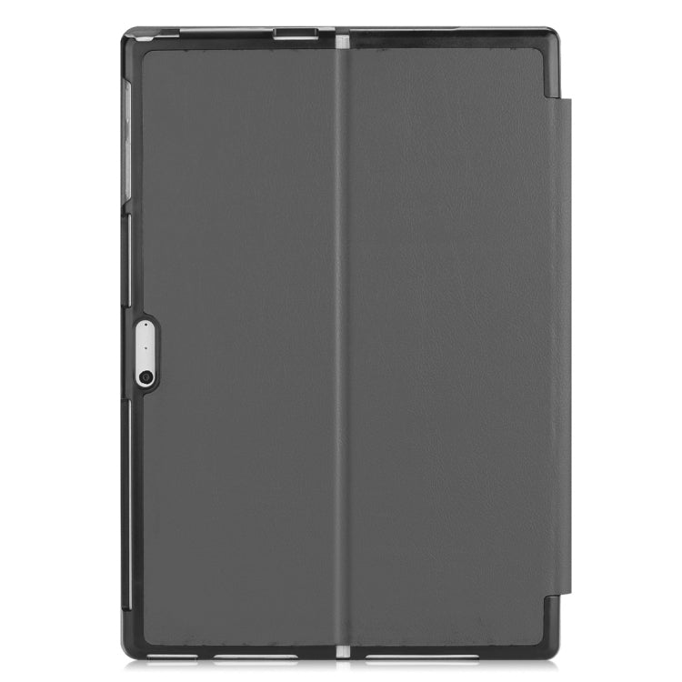 Grey PU leather flip case back view with cutouts and hinge sections