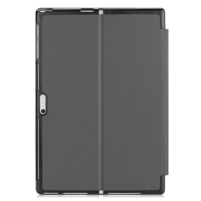 Grey PU leather flip case back view with cutouts and hinge sections