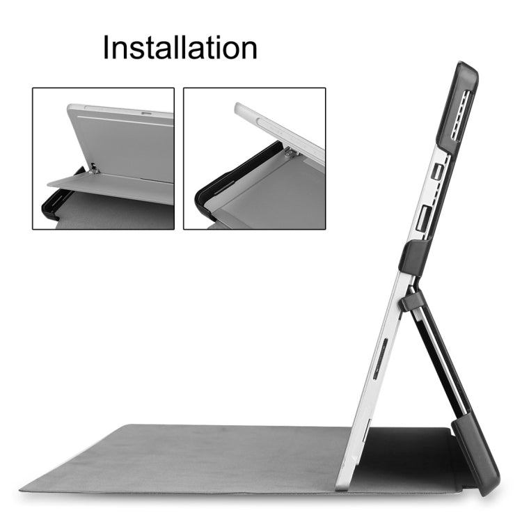 Grey PU leather flip case showing installation and adjustable kickstand