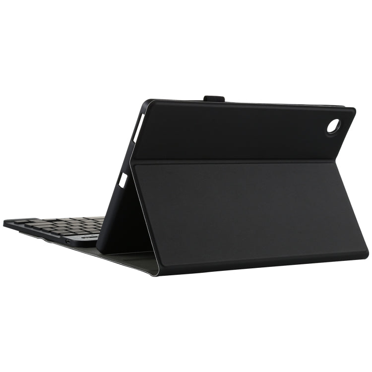 Black tablet keyboard case folded into a viewing stand with built-in keyboard