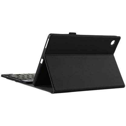 Black tablet keyboard case folded into a viewing stand with built-in keyboard