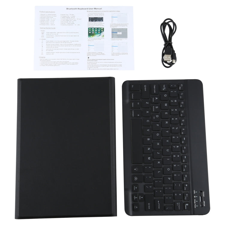 Black tablet keyboard case kit with keyboard, cable, and instruction manual