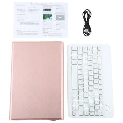 Rose gold tablet case with white keyboard, charging cable, and instruction sheet