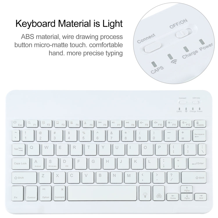 White backlit wireless keyboard with touch controls and power/capacity icons