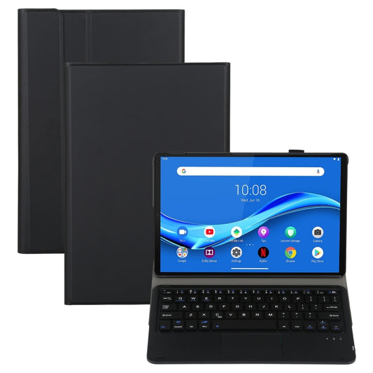 Black tablet keyboard case with detachable backlit keyboard and touchpad, shown open