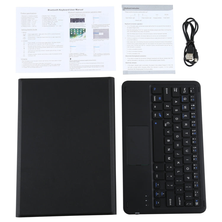 Black keyboard folio case with attached detachable backlit keyboard and touchpad