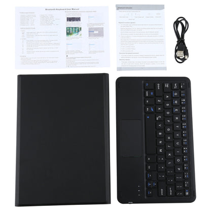 Black keyboard folio case with attached detachable backlit keyboard and touchpad