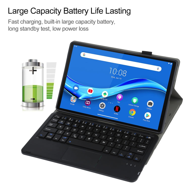 Black tablet keyboard case with backlit keys and touchpad, open on stand