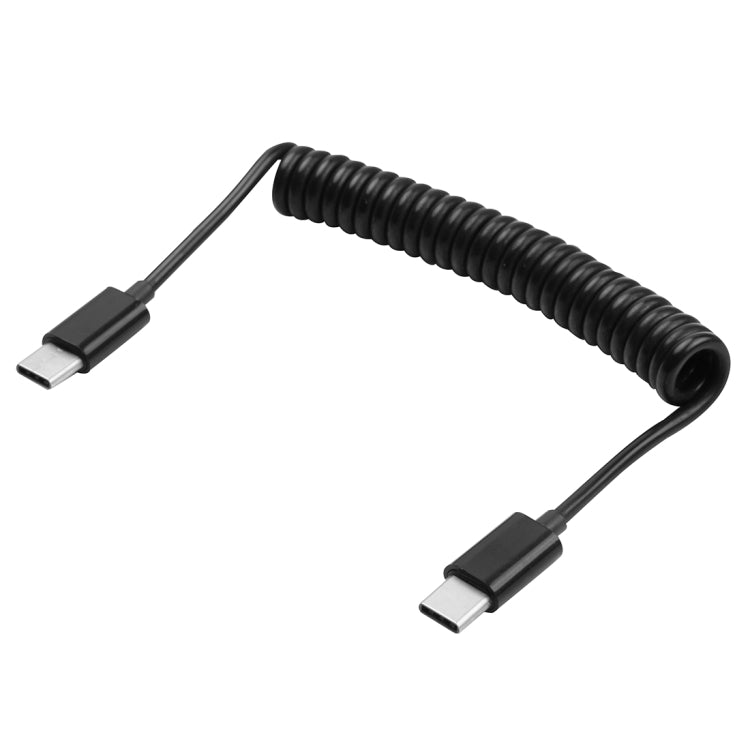 Black coiled USB-C to USB-C charging data cable, spring design with male connectors