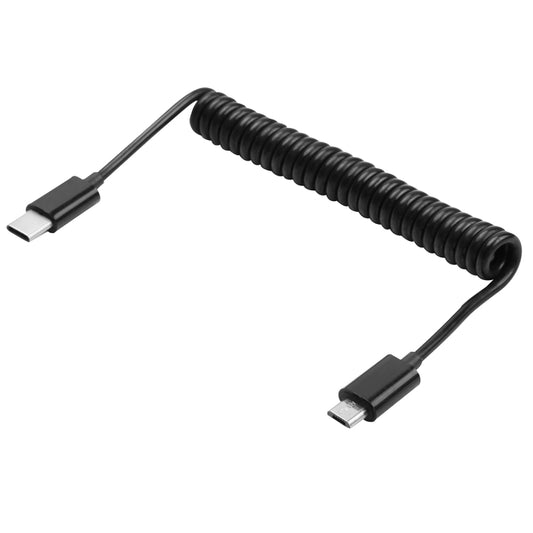 Black spring coiled Micro USB to USB-C cable with Micro USB and Type-C plugs