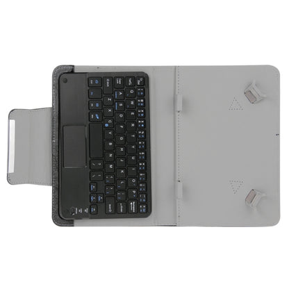 Tablet keyboard case open showing keyboard on left and snap stand on right