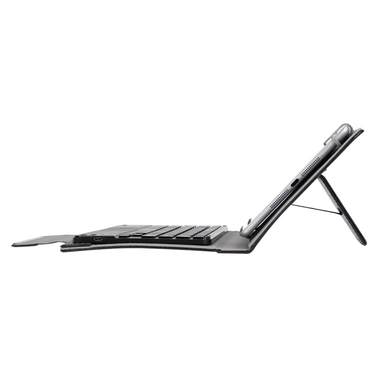 Black tablet keyboard case in stand position with detachable keyboard visible
