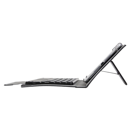 Black tablet keyboard case in stand position with detachable keyboard visible