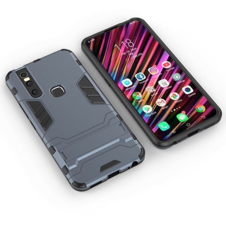 Navy shockproof phone case with holder, front and back view