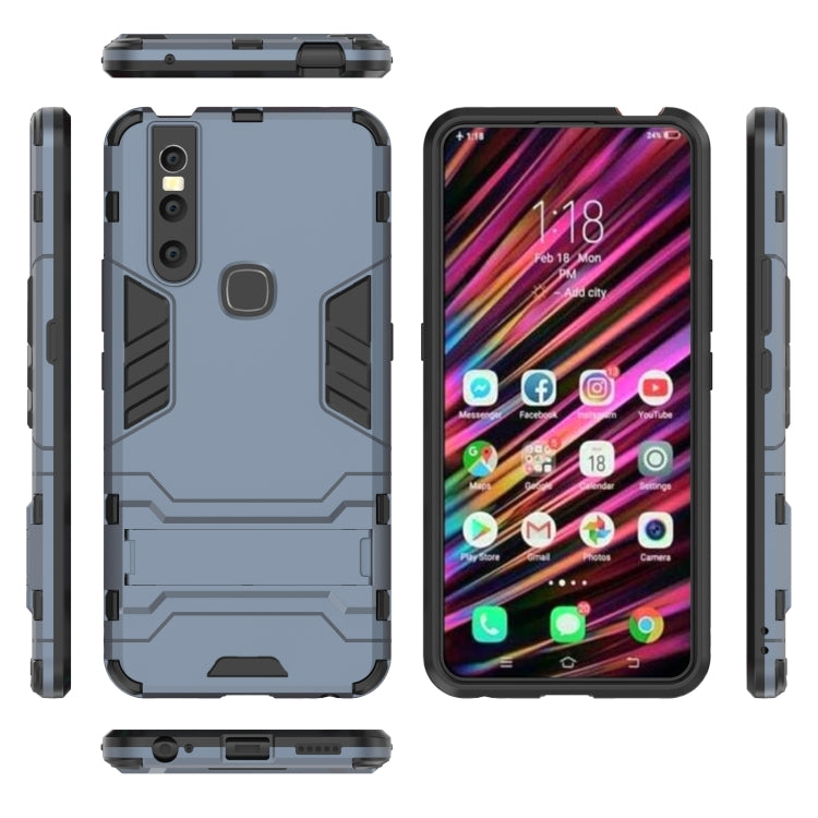 Navy shockproof phone case with holder, front and side profiles