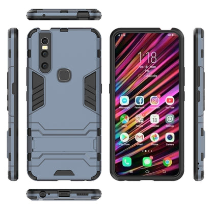 Navy shockproof phone case with holder, front and side profiles