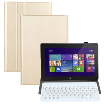 Gold tablet case with detachable Bluetooth keyboard, front cover open on a stand