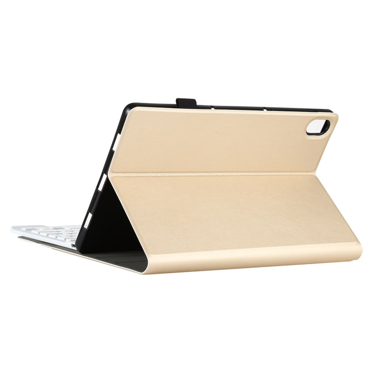 Gold tablet case in stand position with detachable keyboard shown at the bottom