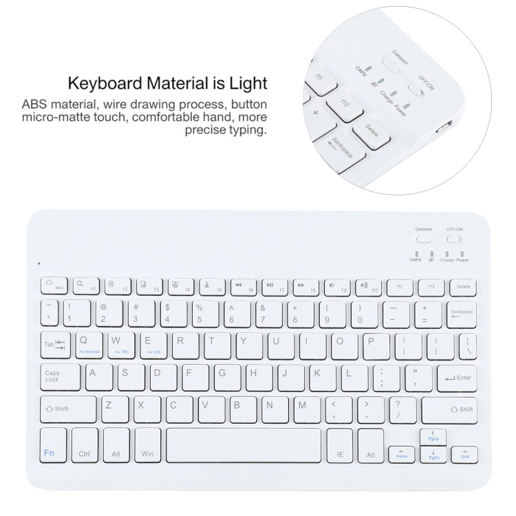 White Bluetooth keyboard with function keys and numeric layout on a light backing