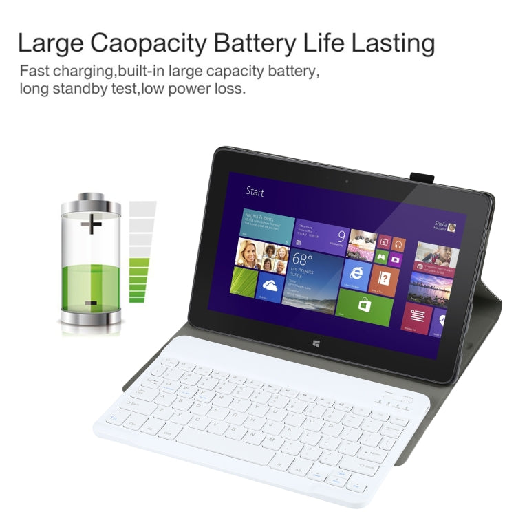 Foldable tablet with detachable white keyboard and stand in front view