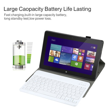 Foldable tablet with detachable white keyboard and stand in front view