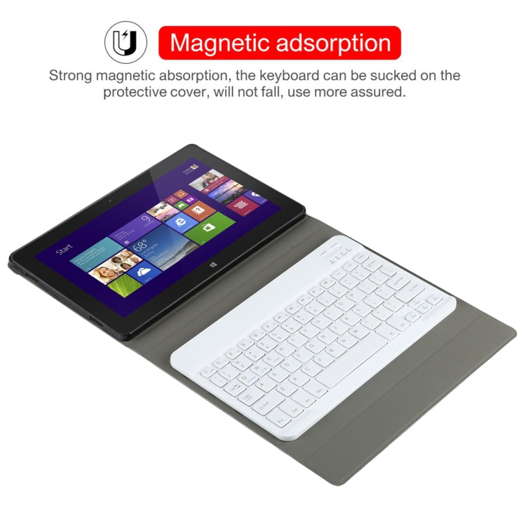 Black protective case with detachable white keyboard, tablet angled on stand