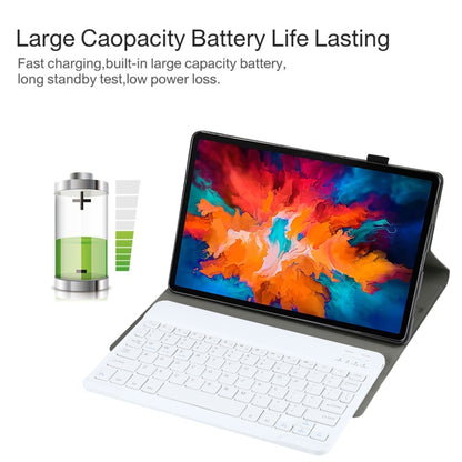 Tablet on stand with detachable white Bluetooth keyboard for typing