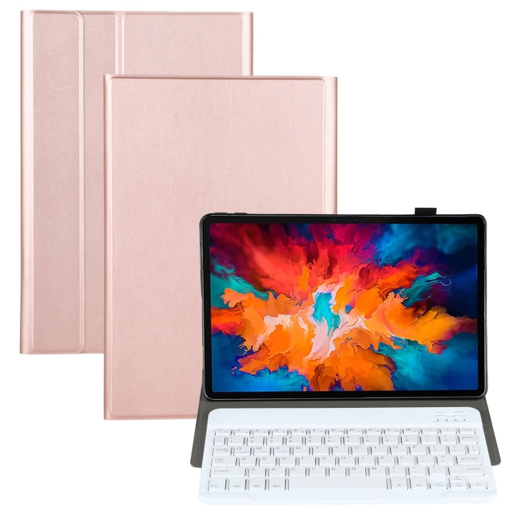 Rose gold leather tablet case with white keyboard, tablet typing-ready