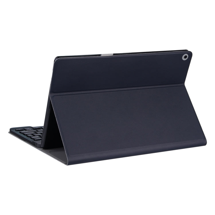 Navy tablet case with stand and a partially visible keyboard