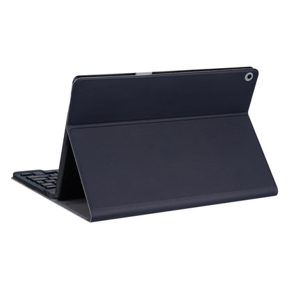Navy tablet case with stand and a partially visible keyboard