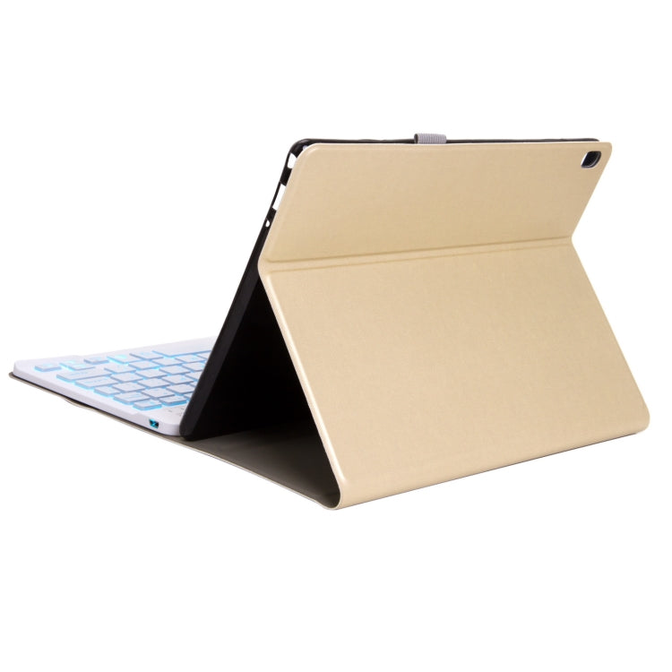 Tablet folio case with adjustable stand, gold outer cover and keyboard partially visible
