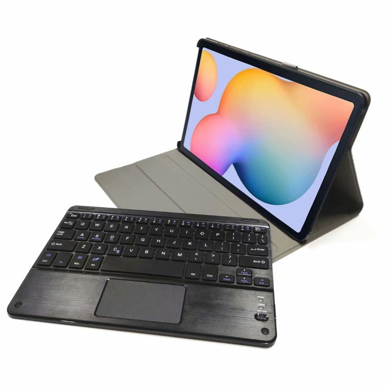 Dark gray tablet case with detachable Bluetooth keyboard and touchpad, stand