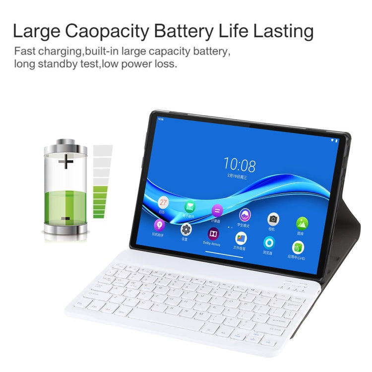 Tablet on stand with white Bluetooth keyboard attached