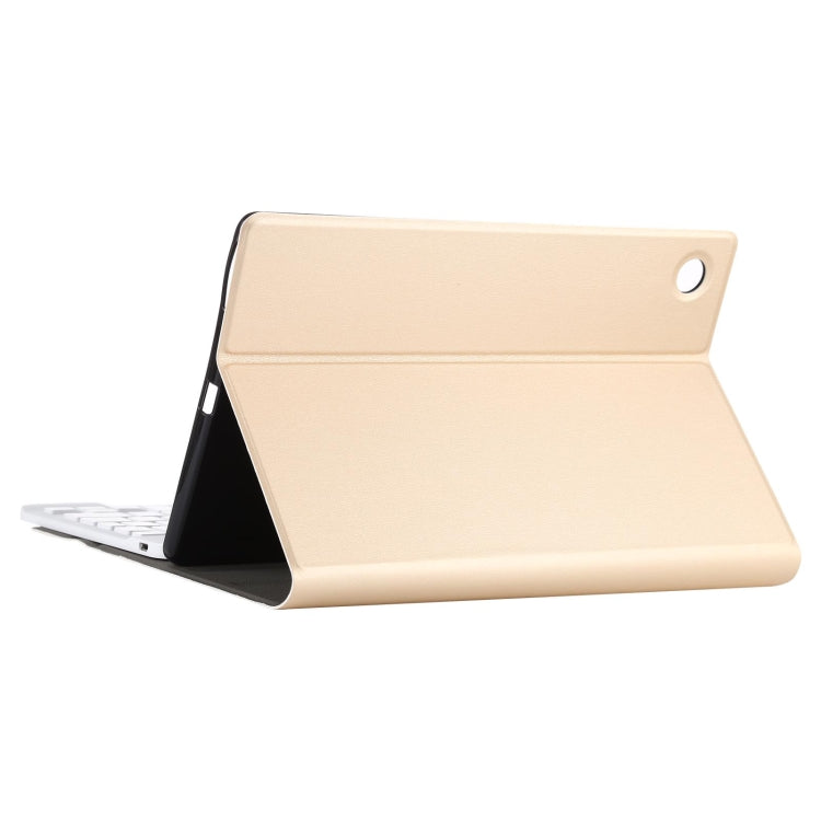 Gold tablet case stand with removable keyboard docked, front angle view