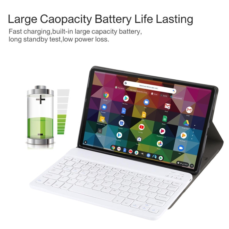 Tablet with white keyboard attached on kickstand, black protective cover