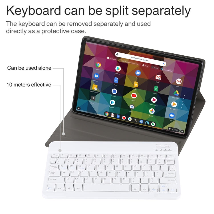 Tablet with keyboard detached on kickstand, showing split-use setup