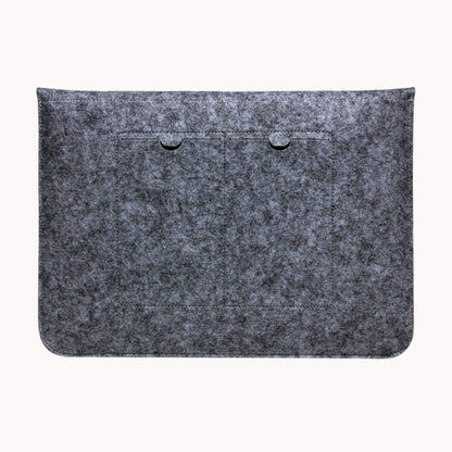 Grey felt sleeve bag with smooth back panel and two elastic loops