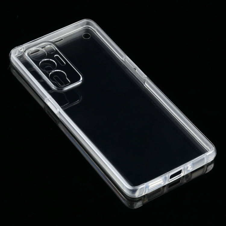 Transparent phone case showing front and side openings for buttons
