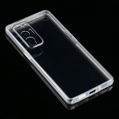 Transparent phone case showing front and side openings for buttons