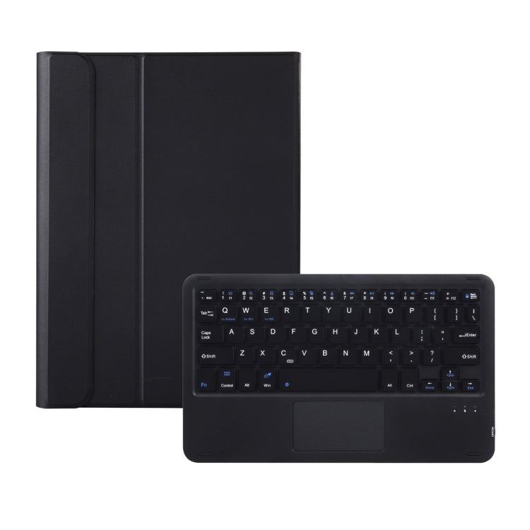 Black tablet case with detachable Bluetooth keyboard and touchpad, keyboard shown in front