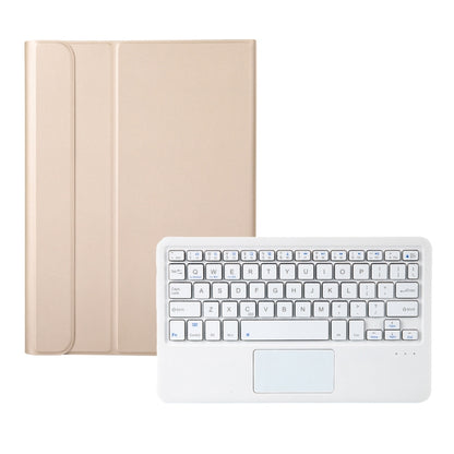Beige tablet case with detachable Bluetooth keyboard and touchpad, cover open with keyboard