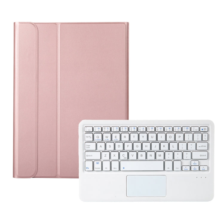 Rose gold tablet case with detachable Bluetooth keyboard and touchpad, front cover open